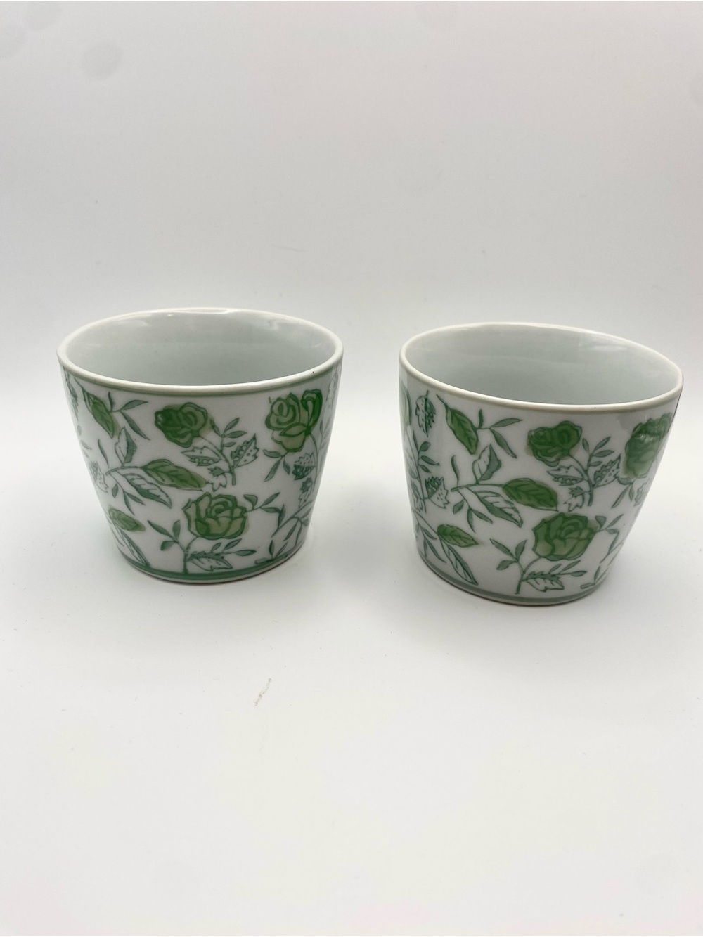 Two's Company White Ceramic Mugs with Green Rose Pattern - Set of 2